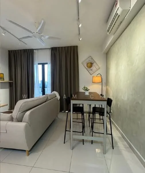 Living features: 3-seater fabric sofa in light grey, ceiling fan with light, recessed LED downlights, floor-to-ceiling windows, sheer curtains, white painted walls, light-coloured tile flooring, wooden dining table with metal legs, 4 black metal dining chairs, decorative wall art, table lamp, greenery in vase; style: modern; view: city.