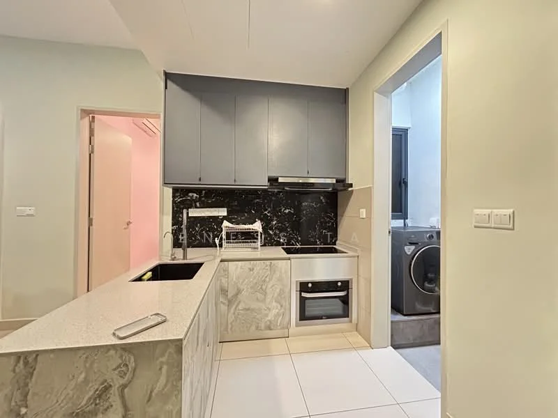 Kitchen features: grey cabinetry, black marble backsplash, white quartz countertop, single-bowl stainless-steel sink, chrome pull-down faucet, built-in oven, stainless-steel range hood, 4-burner gas hob, white tiled flooring, recessed downlights; style: modern. Laundry features: front-load washing machine, grey cabinetry, white tiled flooring.