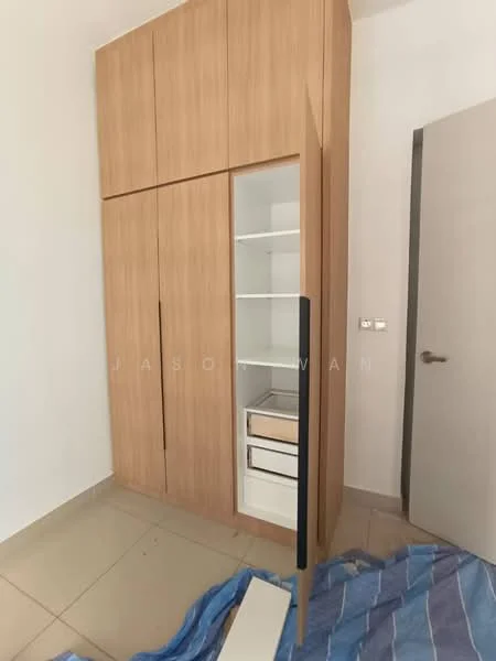 Room features: built-in wardrobe with wooden finish, sliding doors, open shelving, drawers, light-colored tiled flooring, white walls, door to adjacent room; style: modern.