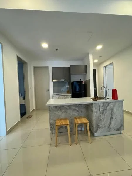 Kitchen features: white painted walls, grey cabinetry, marble countertop, stainless-steel sink, chrome pull-down faucet, built-in fridge, 2 wooden stools, recessed downlights, ceramic tile flooring; style: modern.
