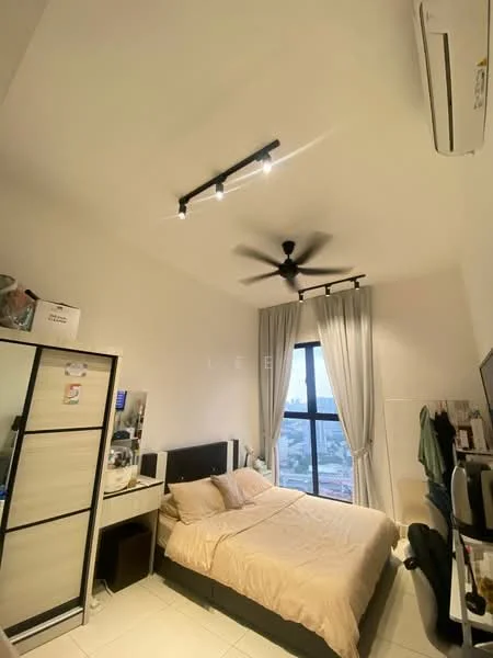 Bedroom features: queen-size bed with beige bedding, upholstered headboard, 2 bedside tables, black desk chair, built-in wardrobe with sliding doors, floor-to-ceiling window, curtains, 5-blade ceiling fan with light, track lighting, white painted walls, tile flooring; style: modern; view: city.