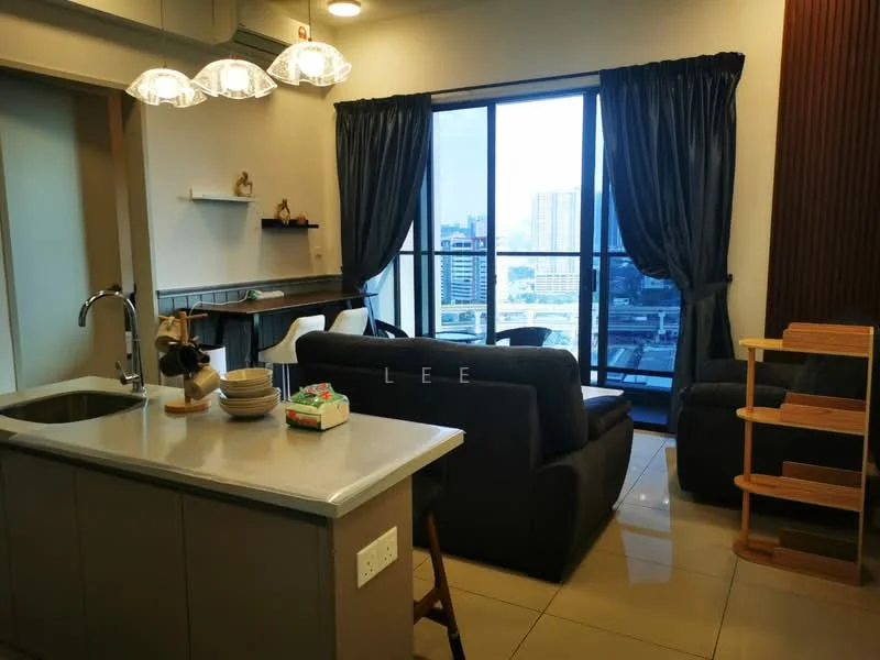 Living features: grey fabric sofa, 2-seater sofa, coffee table, floor-to-ceiling windows, city view, pendant lighting, wooden shelving unit, dining table for 2, ceramic tile flooring, dark curtains, wall paneling; style: modern; view: city. Kitchen features: kitchen island with countertop, stainless-steel sink, single-bowl sink, chrome pull-down faucet, built-in cabinetry, appliances visible; style: modern.