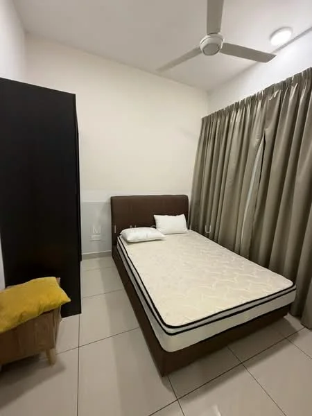 Bedroom features: queen-size bed, upholstered headboard, two pillows, light-colored bed linens, wooden bedside table, yellow throw pillow, black wardrobe, floor-to-ceiling curtains, ceiling fan with light, white walls, tile flooring; style: modern.