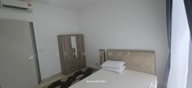 Bedroom features: queen-size bed, upholstered headboard, 2 pillows, wooden wardrobe with mirror, cream painted walls, tile flooring, 1 wall-mounted split AC, area rug with geometric pattern, curtains, door, light switch; style: modern.