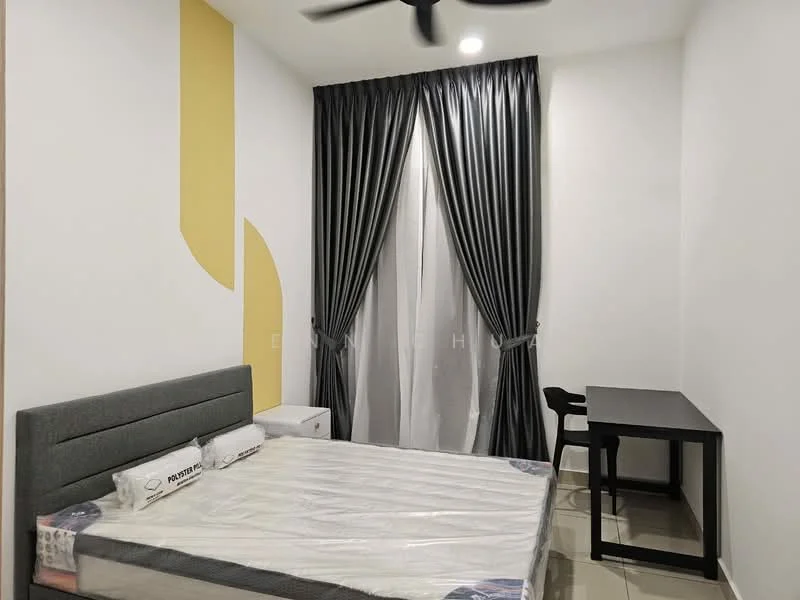 Bedroom features: queen-size bed, grey upholstered headboard, white bedding, black study desk, black chair, floor-to-ceiling window, sheer curtains, blackout curtains, light grey painted walls, decorative wall design in yellow, tile flooring, ceiling fan; style: modern.