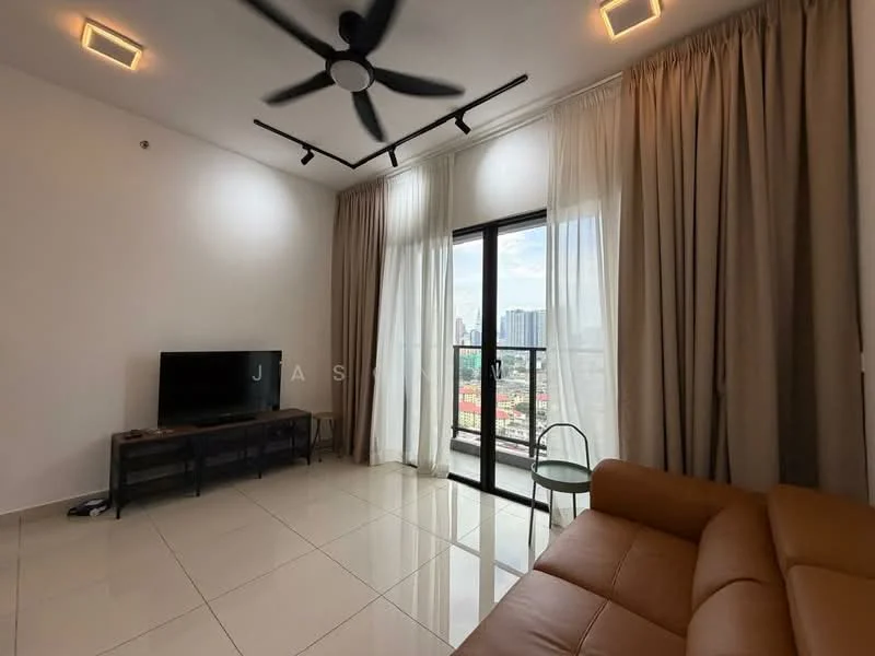 Living features: 3-seater leather sofa in brown, floor-to-ceiling windows, sheer curtains, blackout curtains, wall-mounted TV, TV console, ceiling fan with 5 blades, recessed downlights, white painted walls, glossy tile flooring, decorative chair, city view; style: modern; view: city.