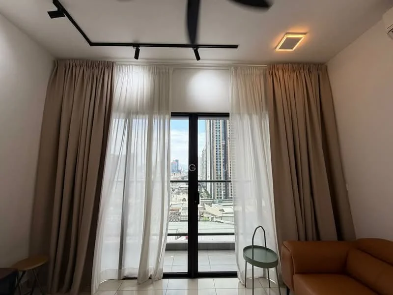 Living features: floor-to-ceiling windows, sheer curtains, blackout curtains, light-colored walls, recessed downlights, ceiling fan, tan leather sofa, small side table, tile flooring, city view; style: modern; view: city.
