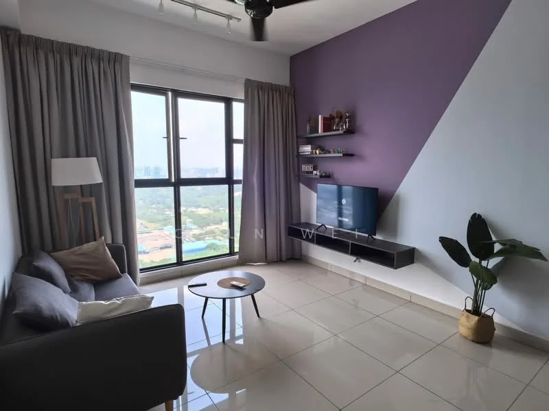 Living features: grey fabric sofa, round coffee table, floor-to-ceiling windows, curtains, wall-mounted TV, shelf unit on wall, decorative plant, white walls, purple accent wall, glossy tile flooring, ceiling fan; style: modern; view: city.