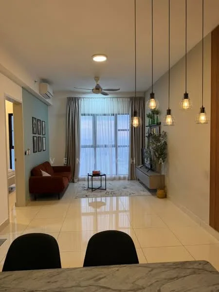 Living features: white painted walls, light grey accent wall, marble tile flooring, 5-blade ceiling fan with light, hanging pendant lights, large floor-to-ceiling windows, sheer curtains, red fabric sofa, coffee table, TV console, wall-mounted TV, decorative plants, area rug with geometric pattern; style: modern; view: city.