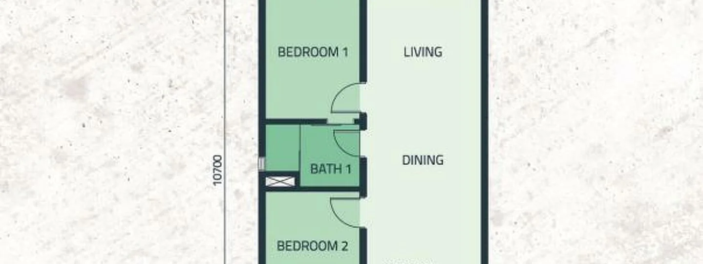 Floor plan: 2-bedroom 1-bathroom unit; features: open-plan living-dining layout, two bedrooms, one bathroom, central hallway.