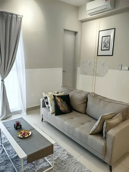 Living features: 3-seater fabric sofa in beige, decorative pillows with patterns, coffee table with grey surface, area rug in light color, floor-to-ceiling window with sheer curtains, wall-mounted split AC, light grey painted walls, white accent wall, framed artwork on wall, door leading to another room; style: modern.