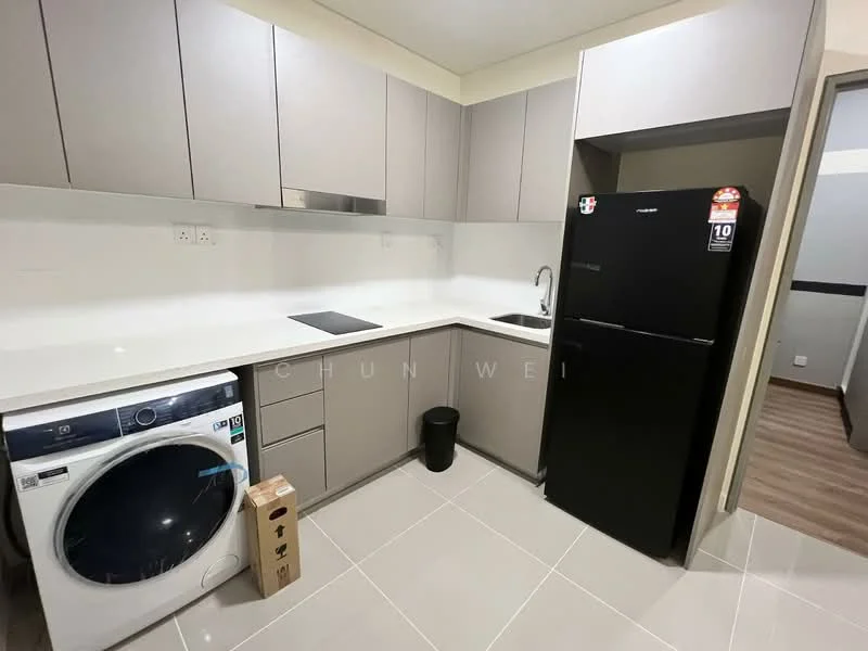 Kitchen features: grey cabinetry, white quartz countertop, single-bowl stainless-steel sink, chrome pull-down faucet, built-in stove with hood, black refrigerator, front-load washing machine, tile flooring, black trash bin, box on the floor; style: modern.
