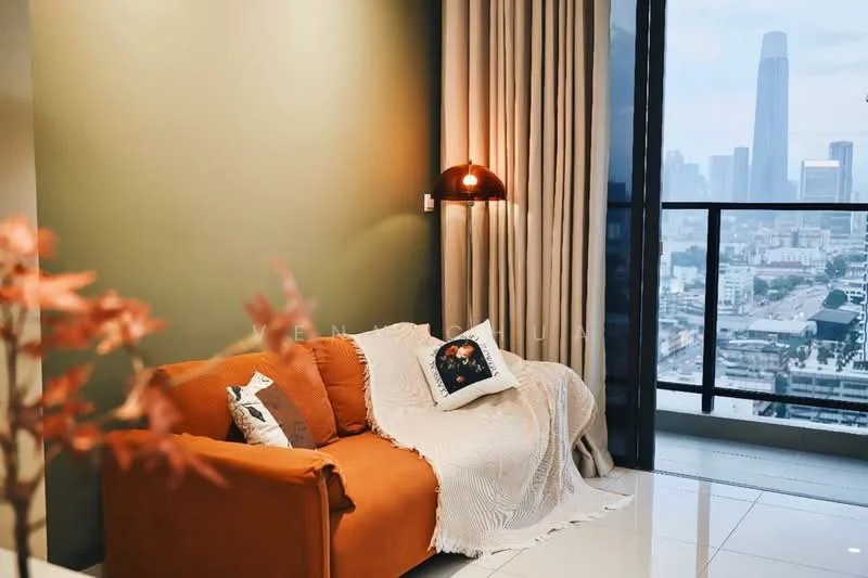 Living features: orange fabric sofa, decorative throw blanket, decorative pillows, floor-to-ceiling windows, curtains, wall-mounted lamp, green painted walls, glossy tile flooring, city skyline view; style: modern; view: city.