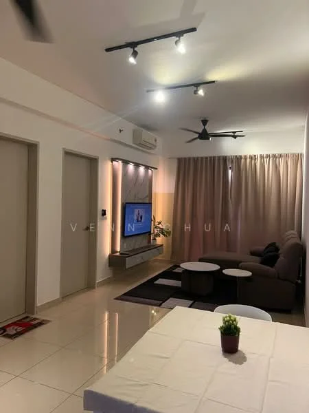 Living features: cream painted walls, white ceiling, recessed downlights, 5-blade ceiling fan, floor-to-ceiling windows with sheer curtains, light-colored tiled flooring, wall-mounted TV, entertainment unit, sofa in grey, coffee table, area rug with geometric pattern, decorative plant on table; style: modern.