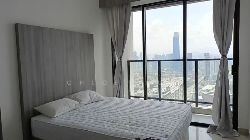Bedroom features: king-size bed, upholstered headboard, floor-to-ceiling windows, sheer curtains, city skyline view, light-colored walls, tile flooring, minimalist decor; style: modern; view: city.