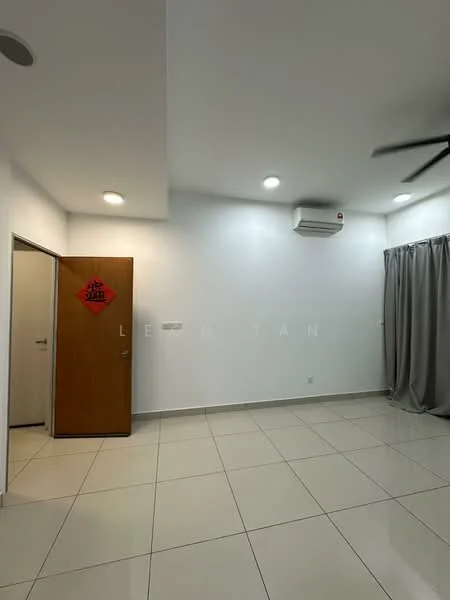 Room features: white painted walls, tile flooring, recessed downlights, 1 wall-mounted split AC, ceiling fan, curtains, wooden door, door frame, decorative wall hanging; style: modern.