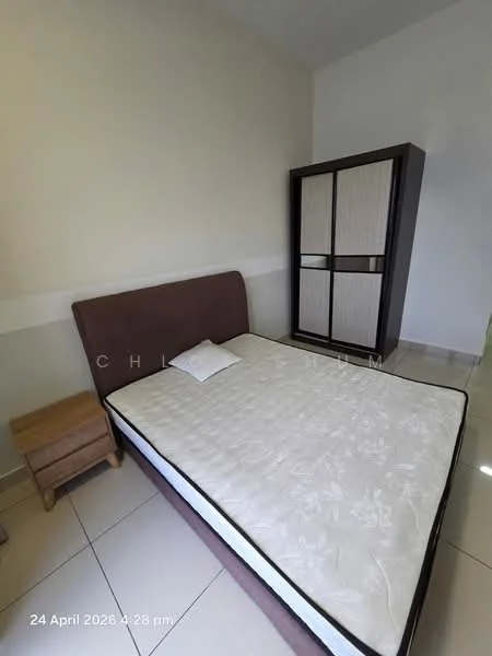 Bedroom features: queen-size bed, upholstered headboard, mattress without bedding, wooden bedside table, built-in wardrobe with sliding doors, cream painted walls, tile flooring, natural light from window; style: modern.