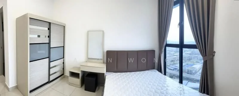 Bedroom features: queen-size bed with upholstered headboard, white bedding, nightstand with drawer, dressing table with mirror, built-in wardrobe with sliding doors, floor-to-ceiling window, brown curtains, tile flooring, city view; style: modern; view: city.