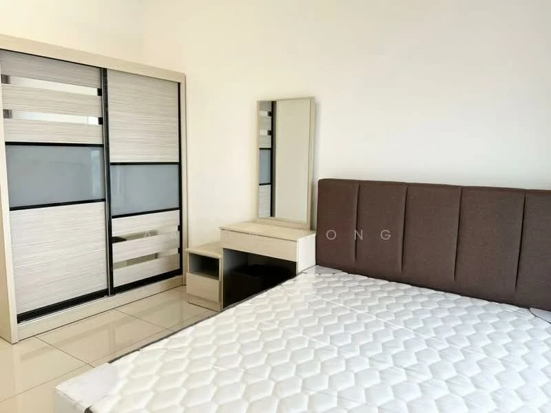 Bedroom features: queen-size bed, upholstered headboard in brown, built-in wardrobe with sliding doors, dressing table with mirror, white ceramic tile flooring, neutral wall color, nightstand with drawer, no bedding visible; style: modern.