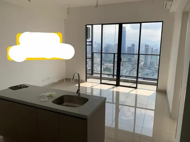 Kitchen features: single-bowl stainless-steel sink, chrome pull-down faucet, grey cabinetry, marble countertop, built-in cooktop, open layout, floor-to-ceiling windows, city view, polished tile flooring, recessed downlights; style: modern; view: city. Living features: floor-to-ceiling windows, city view, polished tile flooring, recessed downlights; style: modern; view: city.