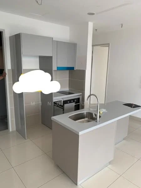 Kitchen features: grey cabinetry, stainless-steel sink, chrome pull-down faucet, built-in oven, freestanding range oven, ceramic cooktop, grey countertop, white tiled backsplash, tile flooring, recessed downlights, open shelving, pantry cabinet; style: modern.