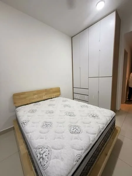 Bedroom features: queen-size bed, mattress with floral pattern, built-in wardrobe with white doors, wooden bed frame, tile flooring, white painted walls, ceiling light, neutral color scheme; style: modern.