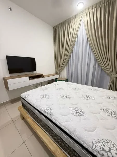 Bedroom features: queen-size bed with mattress, mounted TV on wall, wooden bed frame, white painted walls, cream curtains, floor-to-ceiling window, tile flooring, built-in storage unit with drawers; style: modern.