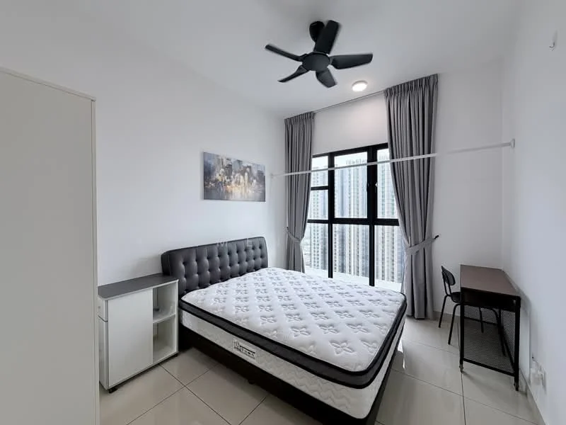 Bedroom features: king-size bed, upholstered headboard, 2 bedside tables, desk with chair, floor-to-ceiling windows, grey curtains, ceiling fan with light, white painted walls, glossy tile flooring, decorative artwork on wall; style: modern; view: city.
