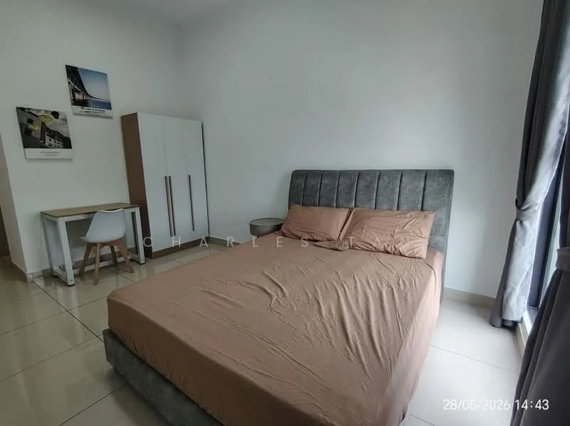 Bedroom features: king-size bed with upholstered headboard in grey, beige bed linens, white painted walls, glossy tile flooring, desk with chair, built-in wardrobe with sliding doors, curtains in grey, framed artwork on wall; style: modern.