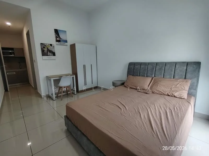 Bedroom features: queen-size bed with beige bedding, upholstered headboard in grey, white painted walls, glossy tile flooring, built-in wardrobe with white doors, study desk with chair, recessed ceiling lights, window with natural light; style: modern.