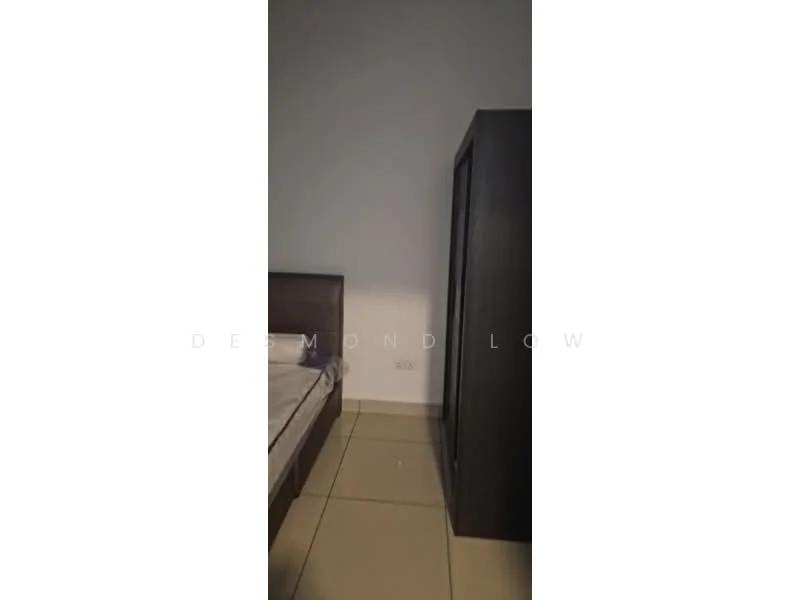 Room features: white painted walls, tile flooring, dark wood wardrobe, bed frame without mattress.