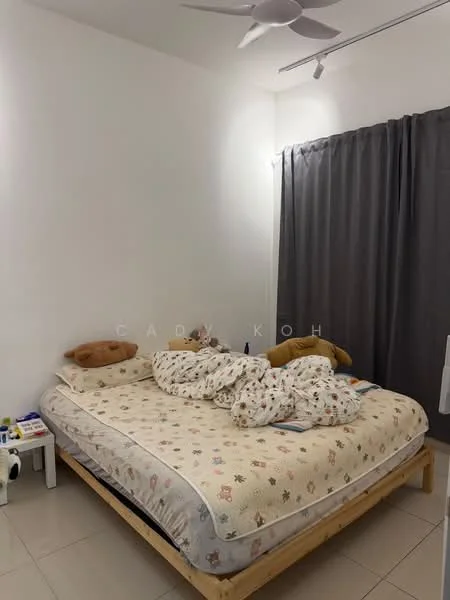 Bedroom features: queen-size bed, wooden bed frame, light-colored bedding with patterns, grey curtains, ceiling fan, white painted walls, tile flooring, nightstand with books and toys; style: modern.