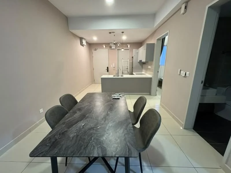 Kitchen features: grey cabinetry, marble dining table, 4 dining chairs, white walls, tile flooring, recessed downlights, open layout, kitchen island, built-in appliances; style: modern. Room features: white walls, tile flooring, doorway leading to bathroom, doorway leading to hallway.