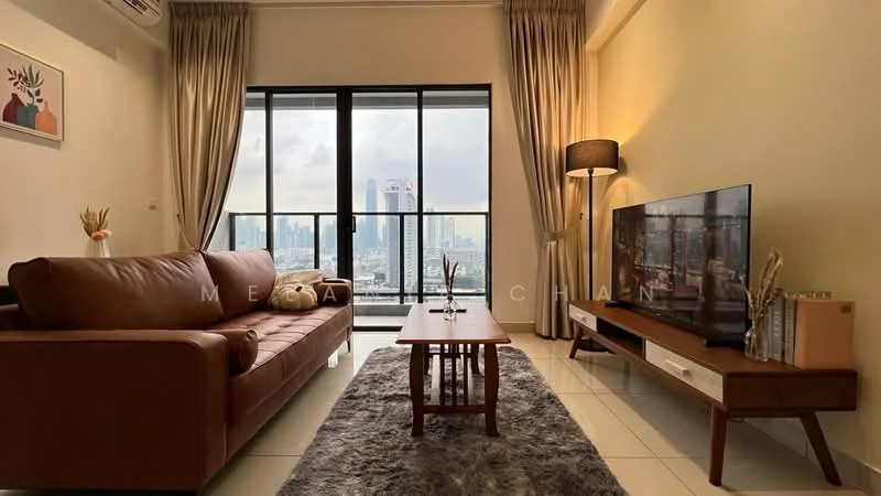 Living features: 3-seater leather sofa in brown, coffee table, wall-mounted TV, TV console, area rug with geometric pattern, floor-to-ceiling windows, curtains, lamp, decorative wall art, city skyline view; style: modern; view: city.