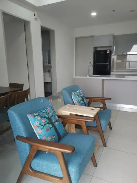 Living features: blue upholstered armchairs, wooden side table, decorative cushions with floral pattern, white walls, tile flooring, recessed downlights, open-plan layout to kitchen, kitchen island with countertop, stainless-steel fridge; style: modern.