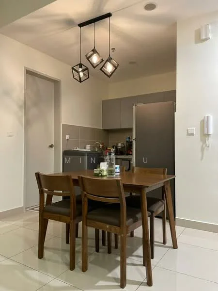 Dining features: 4-seater wooden dining table, wooden dining chairs, pendant lighting with geometric design, white painted walls, ceramic tile flooring, built-in kitchen cabinetry, stainless-steel fridge, kitchen countertop, kitchen appliances visible, open layout to kitchen; style: modern.