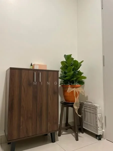 Room features: wooden cabinet with two doors, potted plant in orange pot, stool, white walls, tile flooring, small decorative items on cabinet, heating unit; style: modern.