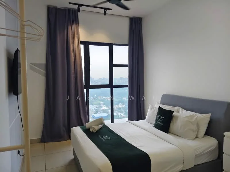 Bedroom features: queen-size bed with white bedding, grey upholstered headboard, 2 white pillows, green throw blanket, floor-to-ceiling window, curtains in grey, wall-mounted TV, white painted walls, tile flooring, ceiling fan, open wardrobe with hanging rack; style: modern; view: city.