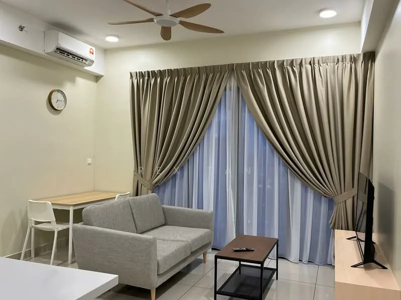 Living features: sofa in light grey fabric, coffee table in dark wood, TV console in light wood, wall-mounted TV, 5-blade ceiling fan with light, floor-to-ceiling windows with sheer curtains, cream painted walls, recessed downlights, light-coloured tiled flooring, dining table with two white chairs, wall clock; style: modern.