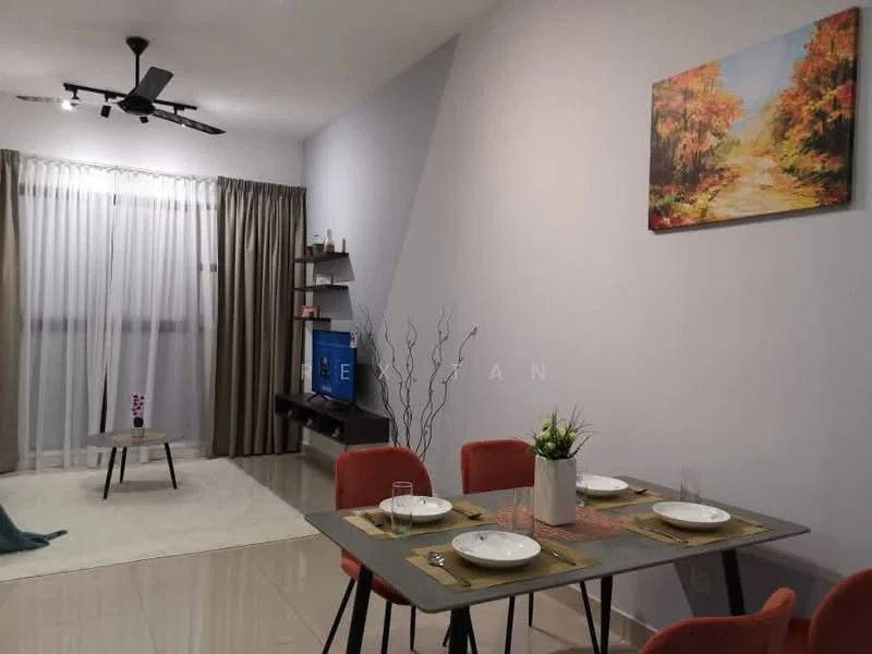 Dining features: dining table with grey surface, 4 upholstered dining chairs in orange, decorative centerpiece with flowers, table setting with plates and cutlery, wall-mounted TV, shelf with decorative items, light grey area rug, cream curtains, floor-to-ceiling windows, 5-blade ceiling fan with light, light blue wall, framed artwork on wall; style: modern. Living features: sofa in light blue, coffee table, decorative wall shelf, TV console, light grey area rug, floor-to-ceiling windows, cream curtains, 5-blade ceiling fan with light; style: modern.