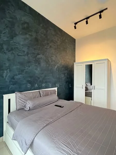 Bedroom features: king-size bed with grey bedding, upholstered headboard, white wooden bed frame, dark blue accent wall with textured finish, white wardrobe with mirrored doors, track lighting on ceiling, floor tiles, decorative pillow on bed; style: modern.
