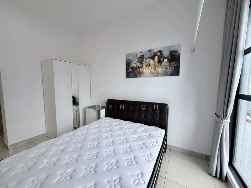 Bedroom features: queen-size bed, upholstered headboard, white mattress, white painted walls, tile flooring, floor-to-ceiling windows, curtains, framed artwork, built-in wardrobe, side table; style: modern; view: city.