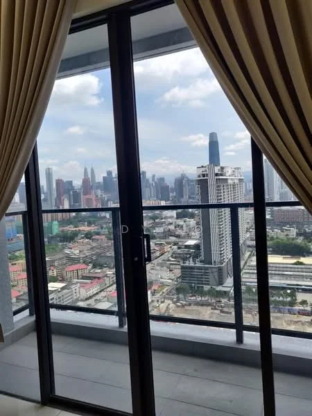 Room features: floor-to-ceiling windows, sliding glass door, curtains, city skyline view; style: modern; view: city.
