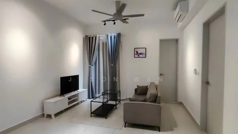 Living features: light grey fabric sofa, glass coffee table, white TV console, wall-mounted TV, 5-blade ceiling fan with light, white painted walls, light tile flooring, floor-to-ceiling windows with sheer curtains, recessed downlights; style: modern.
