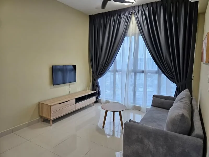 Living features: grey fabric sofa, wooden coffee table, wall-mounted TV, light-colored TV console, floor-to-ceiling windows, blackout curtains, cream painted walls, glossy tile flooring, ceiling fan with light; style: modern; view: city.