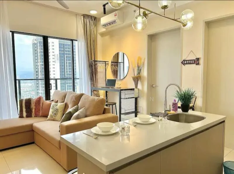 Living features: 3-seater fabric sofa in beige, decorative cushions in various colors, coffee table, floor-to-ceiling windows, city view, ceiling fan, recessed downlights, area rug, wall-mounted TV, study desk with chair, decorative mirror, potted plants; style: modern; view: city. Kitchen features: kitchen island with seating, single-bowl stainless-steel sink, chrome pull-down faucet, white cabinetry, countertop with light color, built-in appliances, open shelving; style: modern.