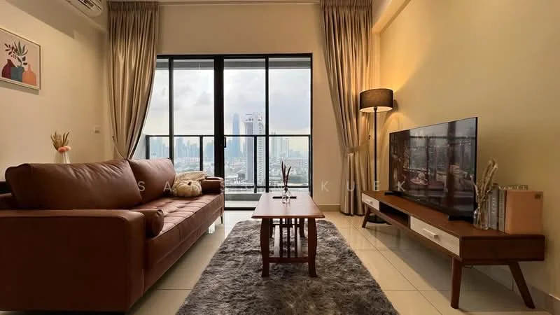 Living features: brown leather sofa, wood coffee table, area rug with plush texture, floor-to-ceiling windows, city skyline view, wall-mounted TV, decorative vase on table, lamp with fabric shade, curtains in neutral color, white painted walls, tile flooring; style: modern; view: city.