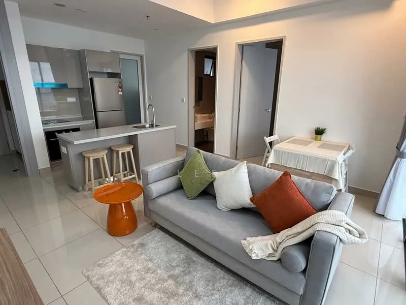 Living features: grey fabric sofa, orange accent pillow, green accent pillow, white area rug, orange side table, wall-mounted TV, open shelving unit, large windows with natural light, recessed ceiling lights, tile flooring; style: modern. Kitchen features: stainless-steel fridge, built-in oven, induction cooktop, grey cabinetry, white countertop, kitchen island with seating, bar stools; style: modern. Dining features: small dining table, white tablecloth, two chairs, decorative plant; style: modern. Bathroom features: sink with cabinet, shower area, toilet, tile cladding; style: modern.