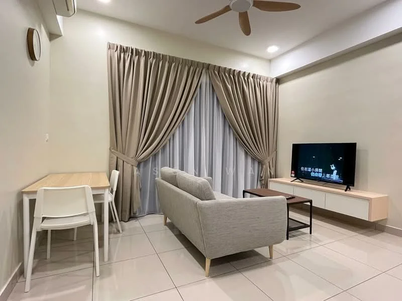 Living features: light grey fabric sofa, wood coffee table, white TV console, wall-mounted TV, dining table with two white chairs, floor-to-ceiling windows, sheer curtains, heavy drapes, recessed downlights, ceiling fan, glossy tile flooring, neutral painted walls; style: modern.