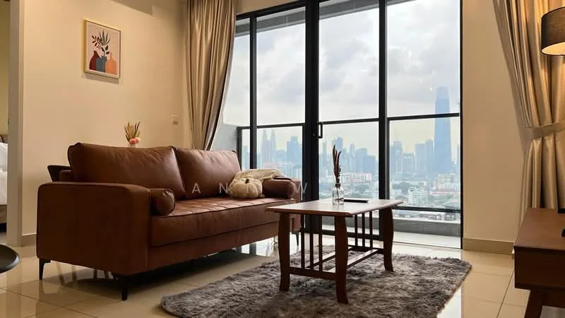 Living features: brown leather 3-seater sofa, wood coffee table, area rug with grey color, floor-to-ceiling windows, city skyline view, curtains, wall-mounted artwork, light-colored walls, tile flooring, side table with lamp; style: modern; view: city.